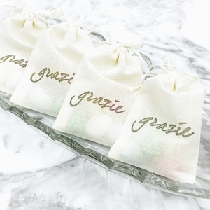 Italian Favor Bags for Wedding, Shower - Grazie - Mini cotton favor bags for sugared Jordan almonds - Hand stamped, bulk gift for guests