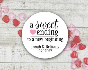 Personalized Stickers for Wedding, Shower, Engagement - 2" round labels, set of 20, Sweet Ending to a New Beginning - Candy buffet favors