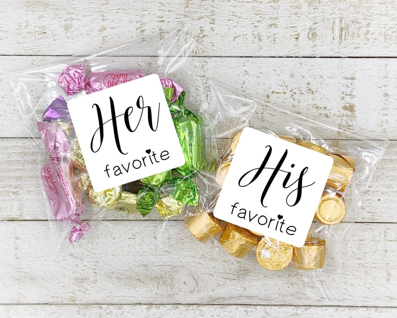 His and Her Favorite wedding favors, 10 His & 10 Hers, stickers for hotel welcome bags, shower gifts, bulk wedding favors, gift for guests image 1