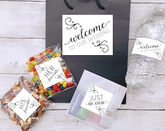 Wedding Welcome Bag Sticker and Favor Bags Bundle - 4 Sets of Labels for Hotel Welcome Bags, out of town guest gift bags or boxes