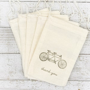 Favor Bags for Wedding, Party, or Shower Cotton gift bags Hand stamped tandem bike design, Thank You Rustic party favor gift wrap image 1