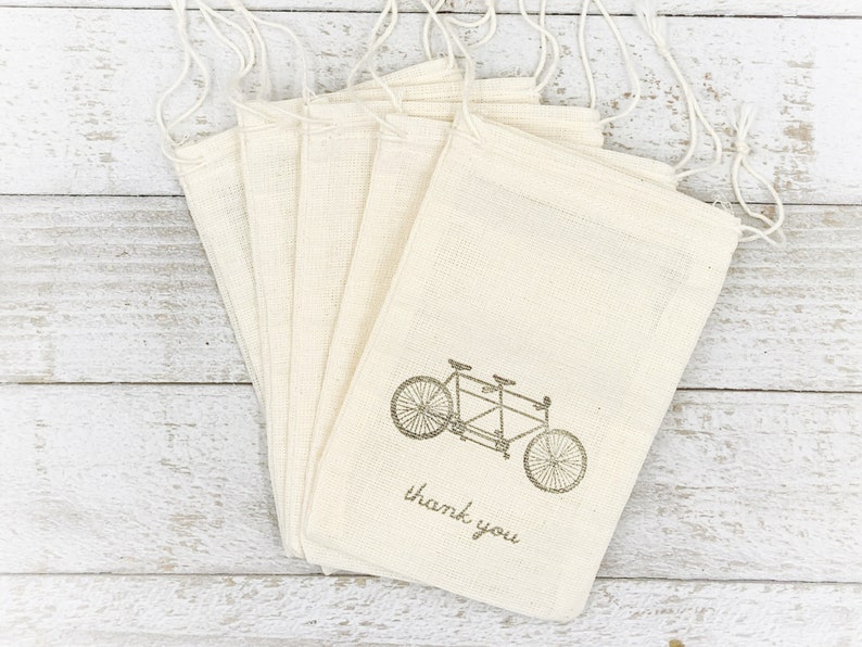 Favor Bags for Wedding, Party, or Shower Cotton gift bags Hand stamped tandem bike design, Thank You Rustic party favor gift wrap image 1
