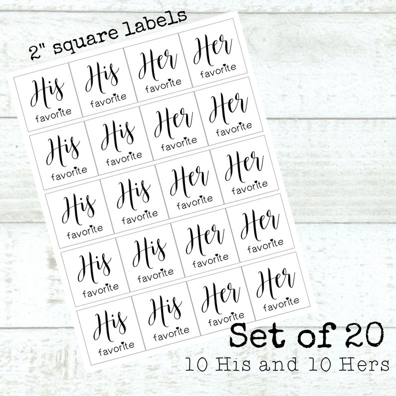 His and Her Favorite wedding favors, 10 His & 10 Hers, stickers for hotel welcome bags, shower gifts, bulk wedding favors, gift for guests image 2