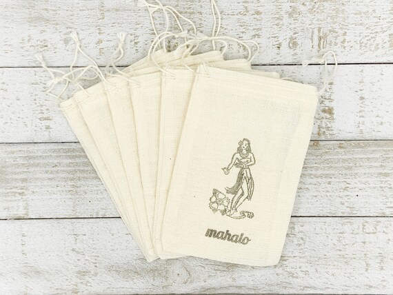Hawaiian Favor Bags for Wedding, Shower, Party - Cotton gift bags with hula dancer, Mahalo - Destination wedding, Hawaii wedding, luau favor