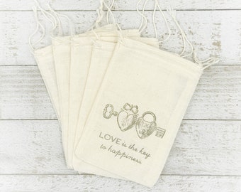 Rustic Favor Bags for Wedding, Shower, or Party - Love is the Key to Happiness - Hand stamped cotton drawstring gift bags