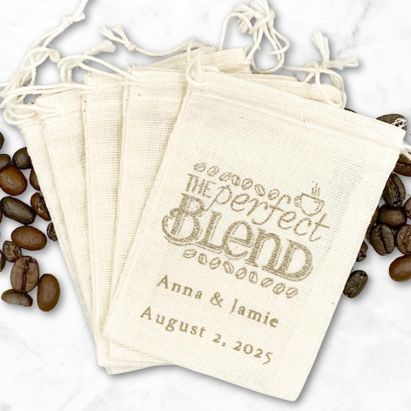 Personalized Coffee Favor Bags for Wedding, Shower, Party- The Perfect Blend, hand stamped cotton drawstring bags for coffee gift for guests