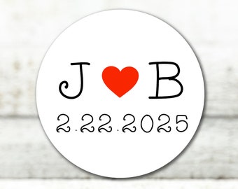 Personalized Stickers for Wedding, Shower, Party - 63 favor labels, 1 inch round - Initials with heart and date - Custom heart colors