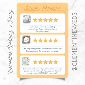 Buyer reviews for Clementine Weddings.  Three five-star reviews are shown.  #1 Just in Case labels: Cute addition to our wedding welcome bags!  #2 Realtor labels: Perfect for my event. Owner was so sweet! #3 Lottery Ticket Labels: Strongly recommend!