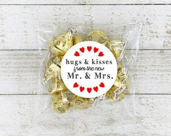 Favor Labels for Wedding, Shower, or Engagement Party -  20 stickers for chocolate kiss favors- Hugs and Kisses, Mr and Mrs, rustic gift tag