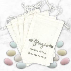 Italian Favor Bags for Wedding, Shower, Party - Personalized cotton gift bags - Hand stamped Grazie, traditional almond favors, guest gifts