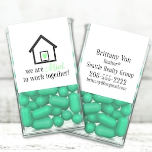 Real Estate Marketing Labels - 12 personalized Tic Tac box stickers - Mint to Work Together - Realtor client gift idea, open house giveaway