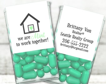 Real Estate Marketing Labels - 12 personalized Tic Tac box stickers - Mint to Work Together - Realtor client gift idea, open house giveaway