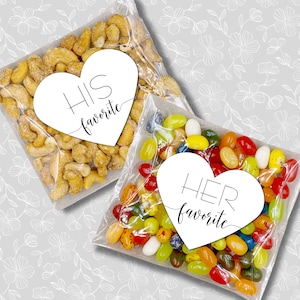 His and Her Favorite Wedding Favor Bags Heart shaped stickers, add on clear favor bags Perfect for hotel welcome bags, bulk guest gifts image 1