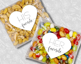 His and Her Favorite Wedding Favor Bags - Heart shaped stickers, add on clear favor bags - Perfect for hotel welcome bags, bulk guest gifts