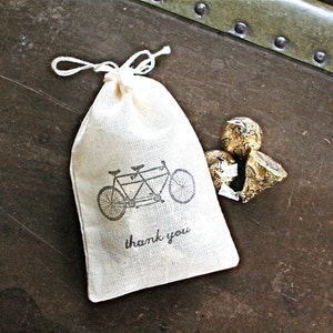 Favor Bags for Wedding, Party, or Shower Cotton gift bags Hand stamped tandem bike design, Thank You Rustic party favor gift wrap image 3