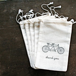 Favor Bags for Wedding, Party, or Shower Cotton gift bags Hand stamped tandem bike design, Thank You Rustic party favor gift wrap image 5