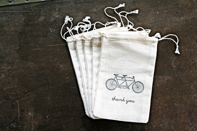 Favor Bags for Wedding, Party, or Shower Cotton gift bags Hand stamped tandem bike design, Thank You Rustic party favor gift wrap image 5