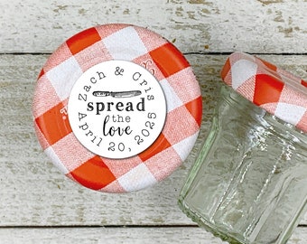 Mini Favor Labels for Wedding or Party - 63 personalized stickers, 1 inch round- Spread the Love, mini jam jar tags for guest gifts