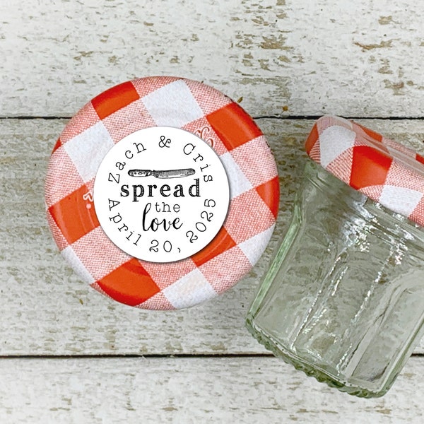 Mini Favor Labels for Wedding or Party - 63 personalized stickers, 1 inch round- Spread the Love, mini jam jar tags for guest gifts