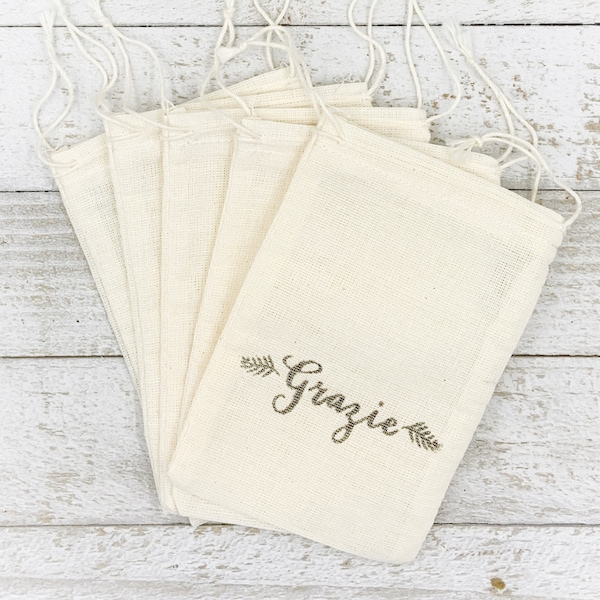 Italian Favor Bags for Wedding, Shower, Party - Grazie design, cotton gift bags, hand stamped cloth treat bags for Jordan almond favors