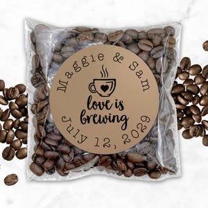 Coffee or Tea Favor Stickers for Wedding, Party, Shower - Love is Brewing, personalized stickers with optional favor bags for coffee or tea
