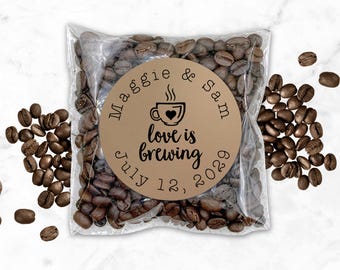Coffee or Tea Favor Stickers for Wedding, Party, Shower - Love is Brewing, personalized stickers with optional favor bags for coffee or tea