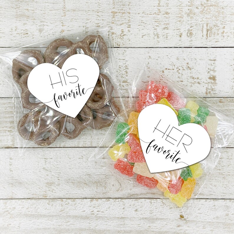 His and Her Favorite Wedding Favor Bags Heart shaped stickers, add on clear favor bags Perfect for hotel welcome bags, bulk guest gifts image 7