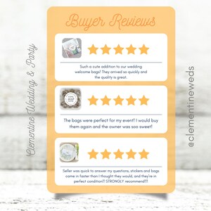 Op de afbeelding: Drie klantbeoordelingen voor bruiloft-goodiebags. Elke beoordeling bevat een vijfsterrenbeoordeling en een korte beschrijving van het product en de service. De eerste beoordeling luidt: "Zo'n schattige toevoeging aan onze bruiloft-welkomstassen! Ze kwamen zo snel aan en de kwaliteit is geweldig.". De tweede beoordeling luidt: "De tassen waren perfect voor mijn evenement! Ik zou ze opnieuw kopen en de eigenaar was zo lief!". De derde beoordeling luidt: "De verkoper reageerde snel op mijn vragen, stickers en tassen kwamen sneller aan dan ik dacht, en ze zijn in perfecte staat! Ik beveel ze ten zeerste aan!".