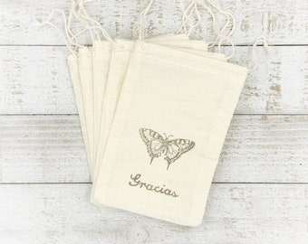 Favor bags for Wedding, Shower, or Party -  Drawstring cloth bags with vintage butterfly, script Gracias - Spanish wedding, quinceanera