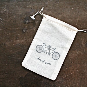 Favor Bags for Wedding, Party, or Shower Cotton gift bags Hand stamped tandem bike design, Thank You Rustic party favor gift wrap image 7