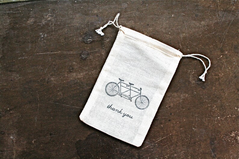 Favor Bags for Wedding, Party, or Shower Cotton gift bags Hand stamped tandem bike design, Thank You Rustic party favor gift wrap image 7