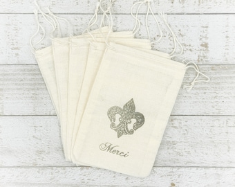 French Favor Bags for Wedding, Party, Shower - Fleur de lis, Merci design, Hand stamped cotton drawstring gift bags, Rustic gift bag