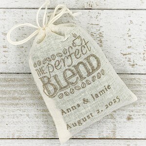 Personalized Coffee Favor Bags for Wedding, Shower, Party The Perfect Blend, hand stamped cotton drawstring bags for coffee gift for guests image 7