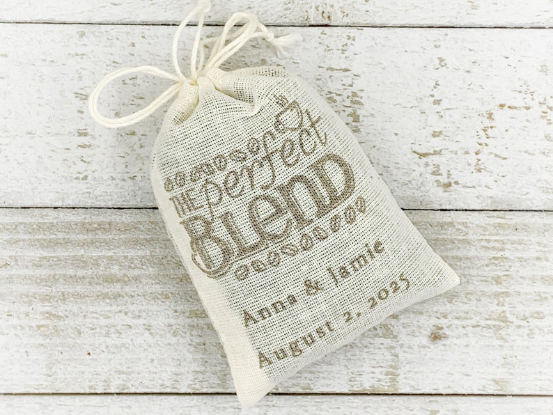 Personalized Coffee Favor Bags for Wedding, Shower, Party The Perfect Blend, hand stamped cotton drawstring bags for coffee gift for guests image 7