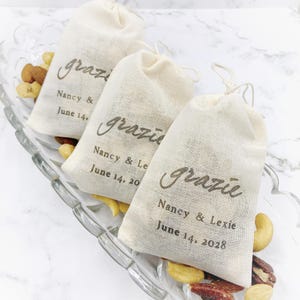 Italian favor bags for wedding, shower, party - Personalized cotton bags - Hand stamped Grazie design, perfect for Jordan almond favors