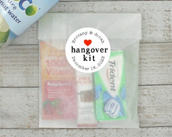 Personalized Wedding Hangover Kits - 20 Stickers with optional favor bags, recovery kit, bachelorette, bachelor party, hotel welcome bags