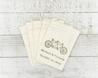 Personalized Favor Bags for Wedding, Party, Shower - Cotton drawstring gift bags, tandem bike with custom names and date - Rustic gift bag