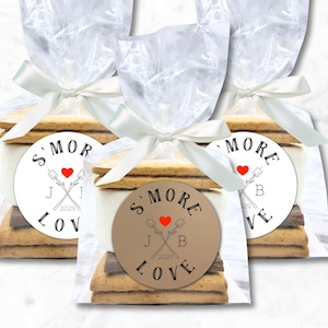 Smores Favor Packaging for Wedding, Shower, or Party - 20 personalized stickers, clear bags, bulk gift for guests, S&#39;more Love