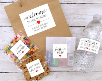 Wedding Welcome Bag Sticker Bundle - 4 Sets of Personalized Hotel Welcome Bag Labels and favor bags for out of town guests, custom colors