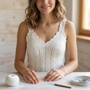 以下が含まれることがあります： スカラップネックラインと複雑な縦方向のステッチパターンが特徴の白いノースリーブのクロシェ編みトップス。ゴールドのペンダントネックレスを着用。テーブルの上には白い毛糸玉、かぎ針、メジャーが置かれています。