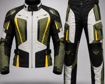 Conjunto de motociclismo artesanal impermeável em tecido | Jaqueta e calça para turismo de aventura | Equipamento para motociclismo para todas as estações
