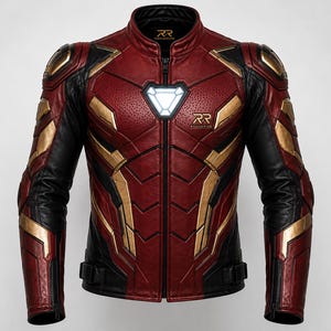 May include: A red, black and gold leather motorcycle jacket featuring a central triangular light-up chest emblem, perforated leather panels and the RR Rogueride logo on the chest. The jacket has a stand-up collar and zipped cuffs.