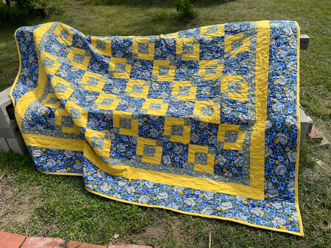 Blue and Yellow Queen Size Bed Quilt Etsy