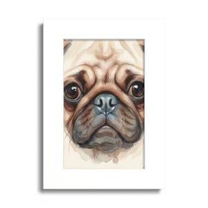 May include: A watercolor painting of a pug face featuring large dark brown eyes, a black nose, and characteristic facial wrinkles in shades of tan and brown, presented within a clean white rectangular matting frame for display.