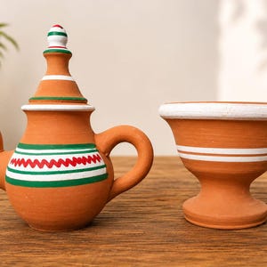 Mini marockansk keramik teservis | Handgjord terrakottakanna och kopp | Boho inredningspresent