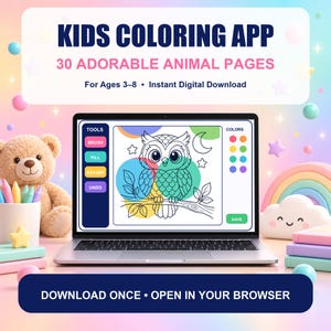 以下が含まれることがあります： フクロウのイラストが描かれた子供向け塗り絵アプリを表示するノートパソコン。ツールメニュー、カラーパレット、保存ボタンがあります。テキストには「KIDS COLORING APP」「30 ADORABLE ANIMAL PAGES」「DOWNLOAD ONCE」「OPEN IN YOUR BROWSER」と書かれています。