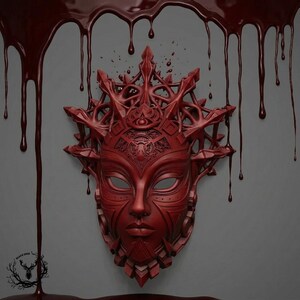 Può includere: Una maschera rosso scuro riccamente dettagliata, caratterizzata da una complessa struttura geometrica a forma di corona e intagli facciali simmetrici. La maschera è posta su uno sfondo grigio con liquido rosso scuro che cola dal bordo superiore.