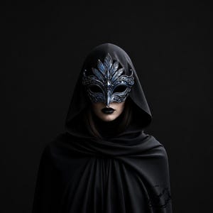 May include: A dark blue and silver metallic masquerade mask featuring intricate leaf-like filigree patterns and a pointed center design. The mask covers the upper face and is worn with a solid black hooded cloak that drapes over the shoulders.