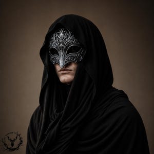 May include: A silver-colored masquerade mask with intricate filigree patterns covering the upper face, featuring a pointed nose bridge. The mask is worn with a black hooded cloak that drapes over the head and shoulders, obscuring the hair.