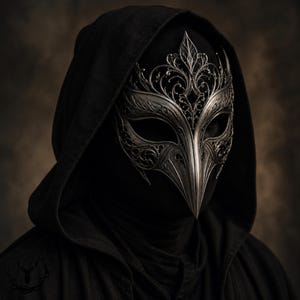 May include: A metallic silver filigree mask with an intricate, pointed, bird-like beak design and ornate scrollwork patterns. The mask covers the upper face and is worn with a dark black hooded garment that obscures the rest of the head and shoulders.